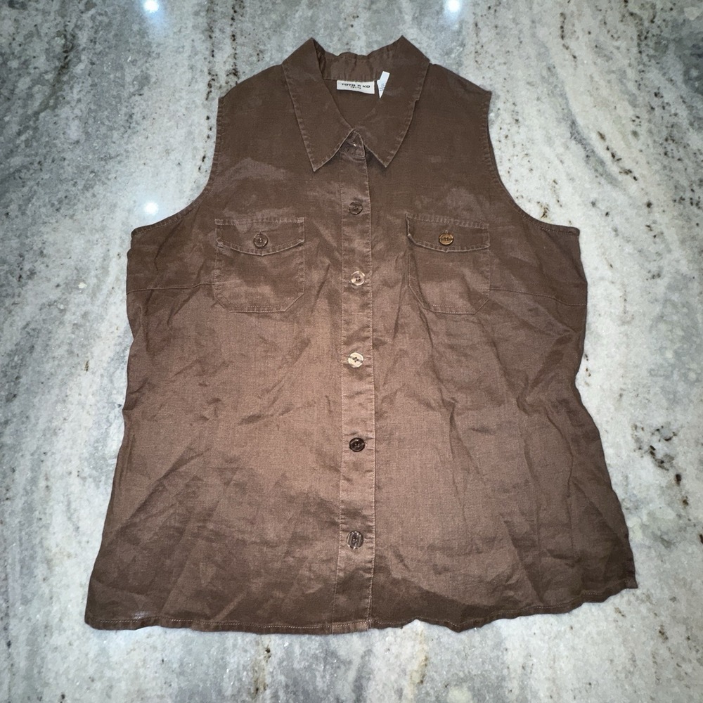Toto N Ko Women's 14 Petite 100% Linen Brown Sleeveless Shirt Button Down Casual